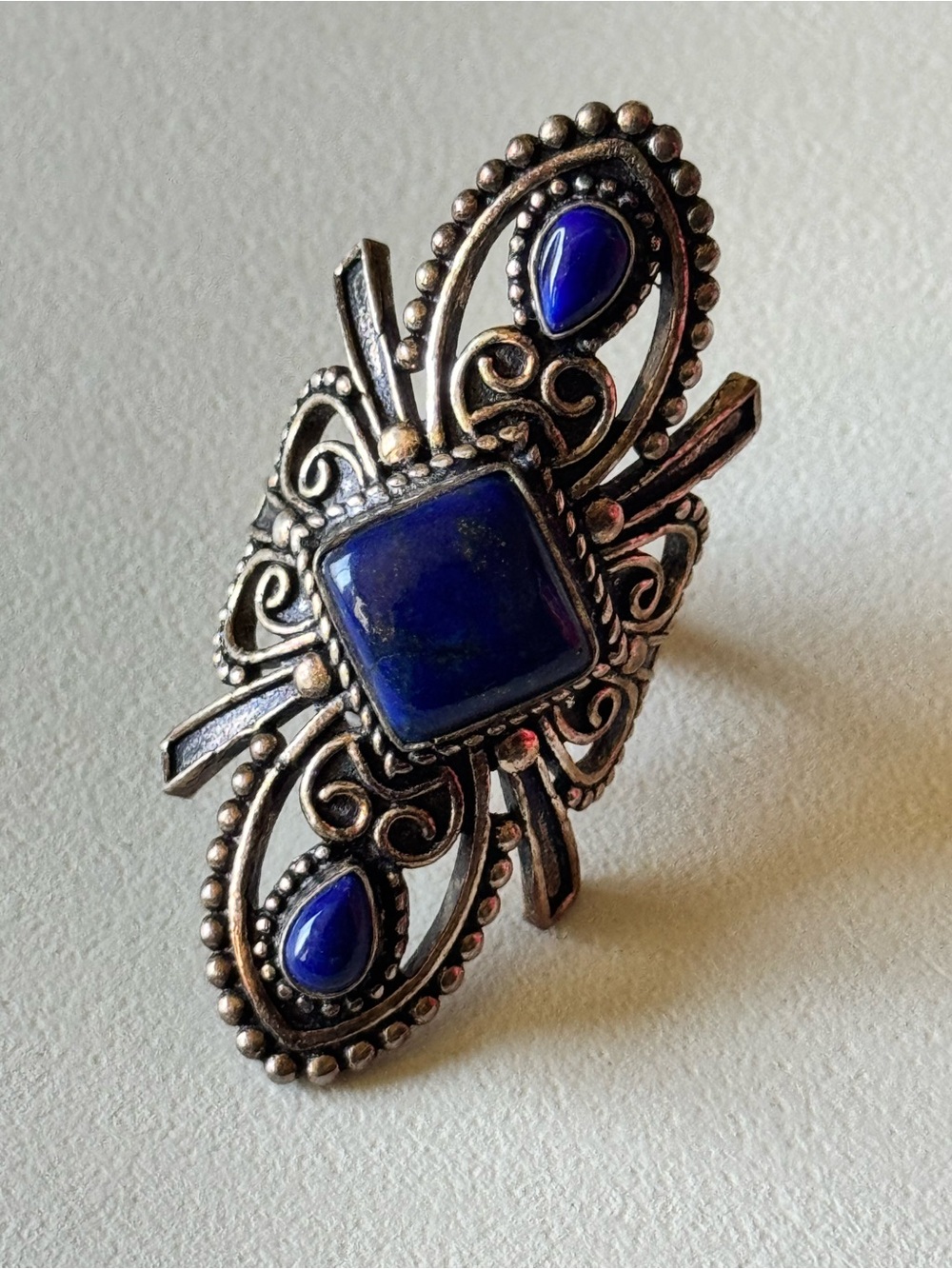 Boho Statement Ring Blue Lapis Style Silver Tone Filigree Size 8.25